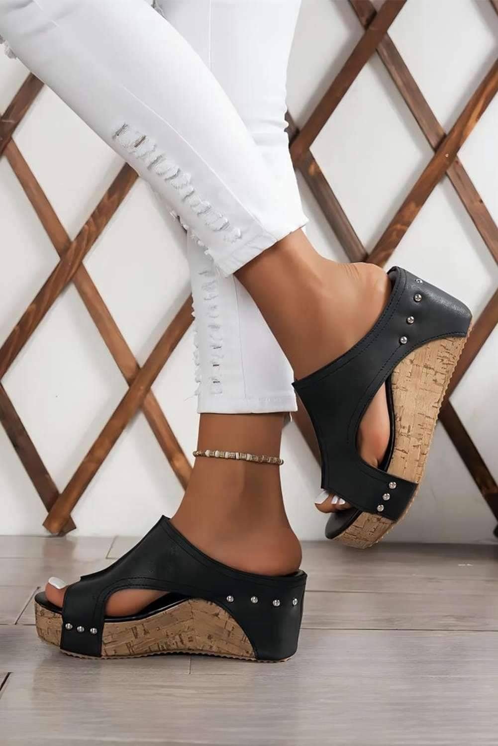 Black Hollow Out Studded Pu Leather Wedge Slippers