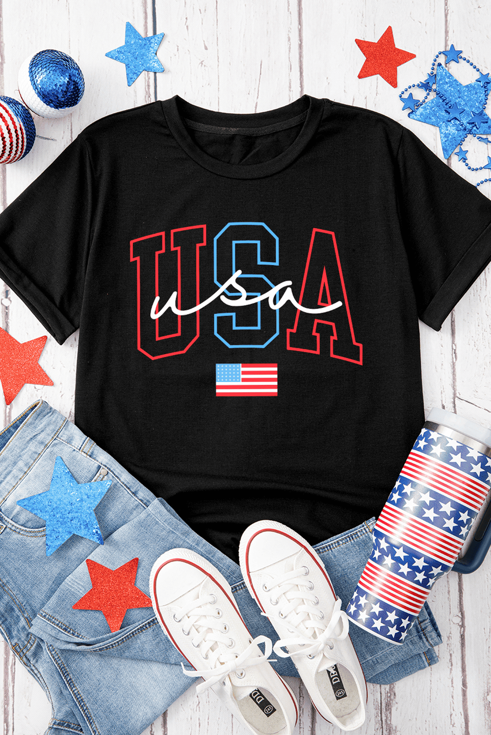 Black Usa Letter American Flag Print Casual T Shirt