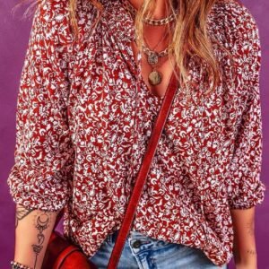 Biking Red Floral Print Smocked Tie Neck Blouse