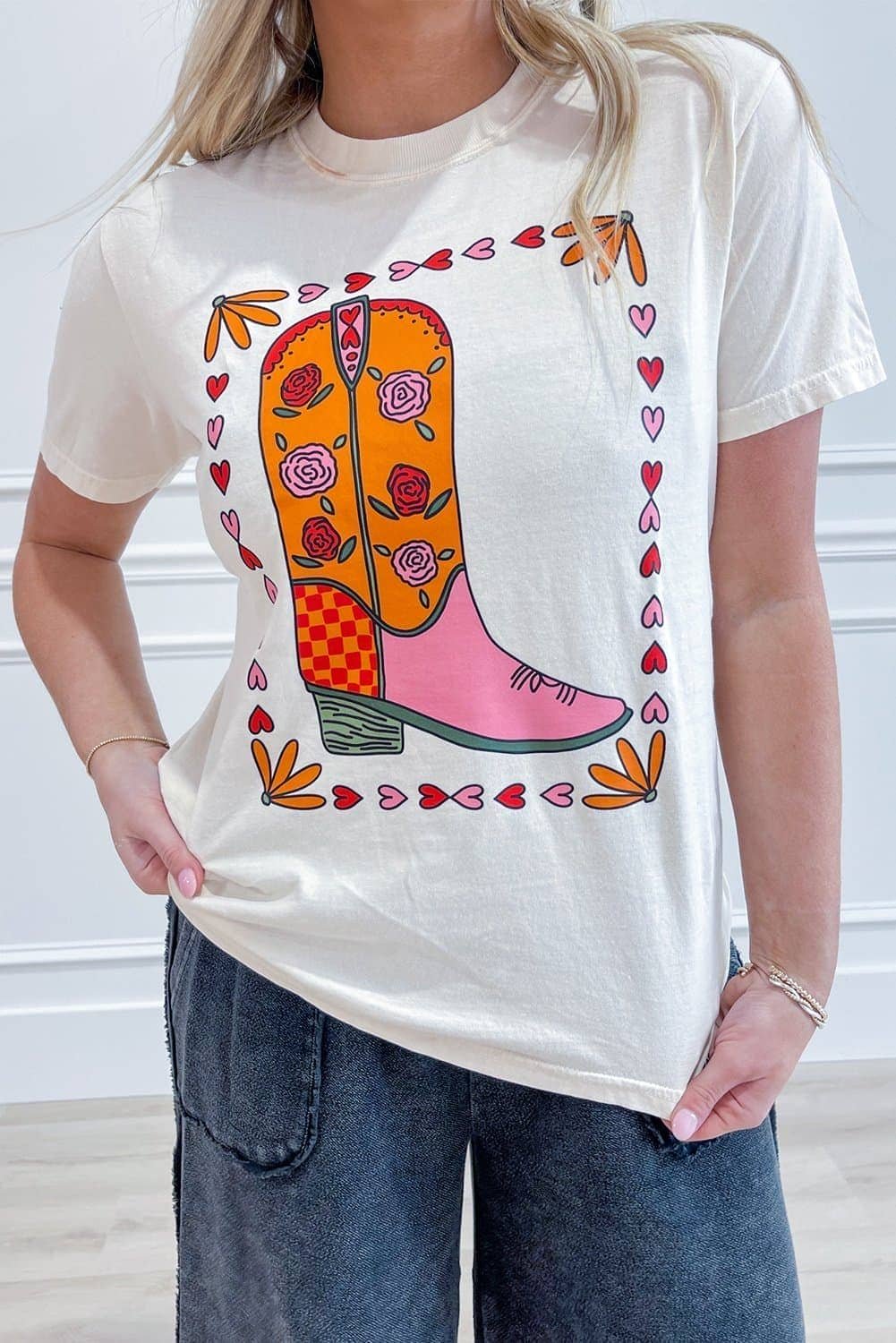 White Floral Cowgirl Boots Printed Casual T Shirt