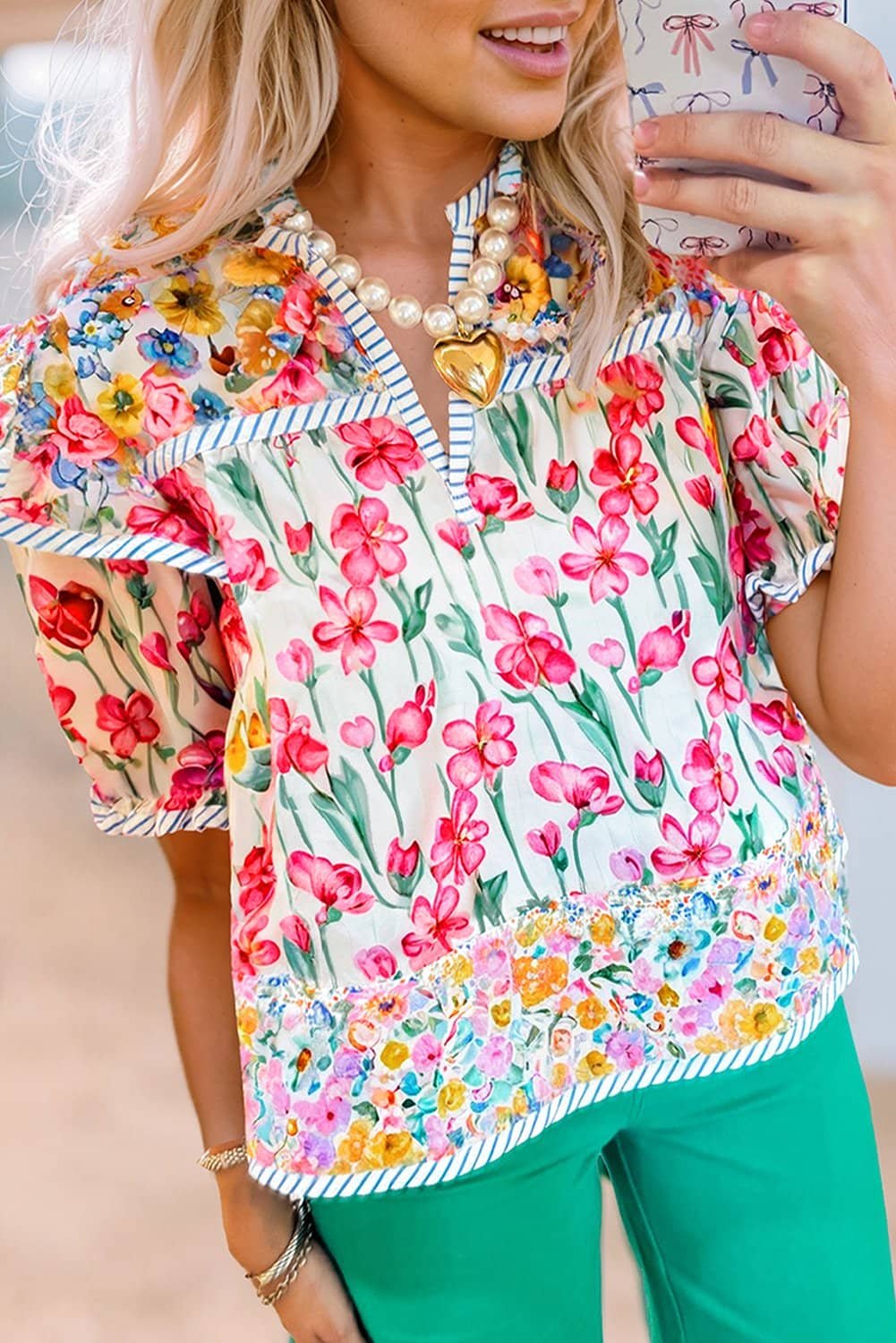 Pink Floral Print Striped Detail Split Neck Short Sleeve Blouse