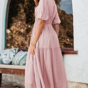 Pink Puff Sleeve Pleated High Waist Flowy Midi Dress
