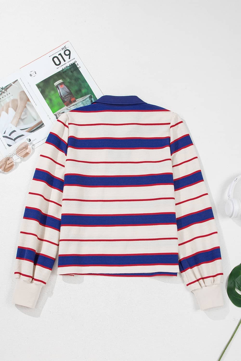 Blue Stripe Color Block Polo Pullover Sweatshirt