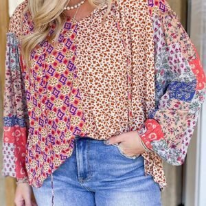 Orange Mixed Floral Printed Long Sleeve Tied V Neck Blouse
