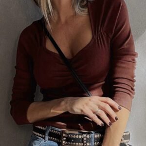Burgundy Gathered Bust Square Neck Ribbed Fit Long Sleeve Top