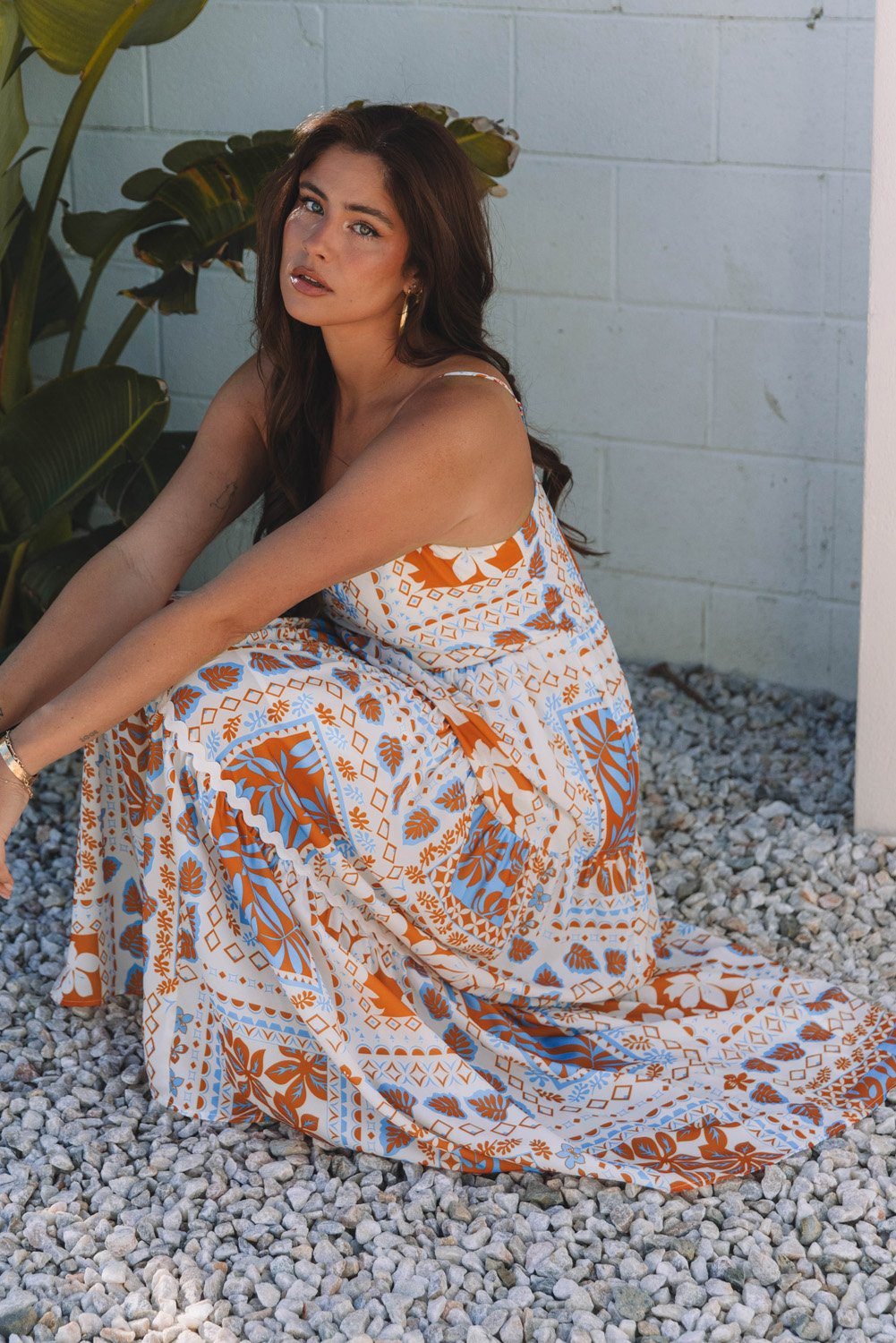 Orange Multi Printed Ricrac Trim Spaghetti Straps Maxi Dress