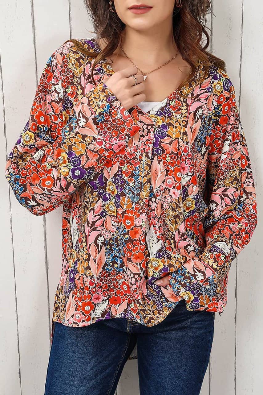 Multicolor Boho Floral Long Sleeve V-Neck Blouse