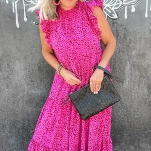 Rose Red Leopard Print Ruffled Trim Tiered Maxi Dress