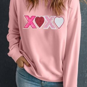 Pink Sequin Heart Xoxo Graphic Drop Shoulder Valentines Sweatshirt
