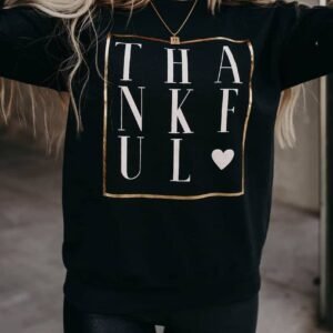 Black Thankful Heart Print Long Sleeve Sweatshirt