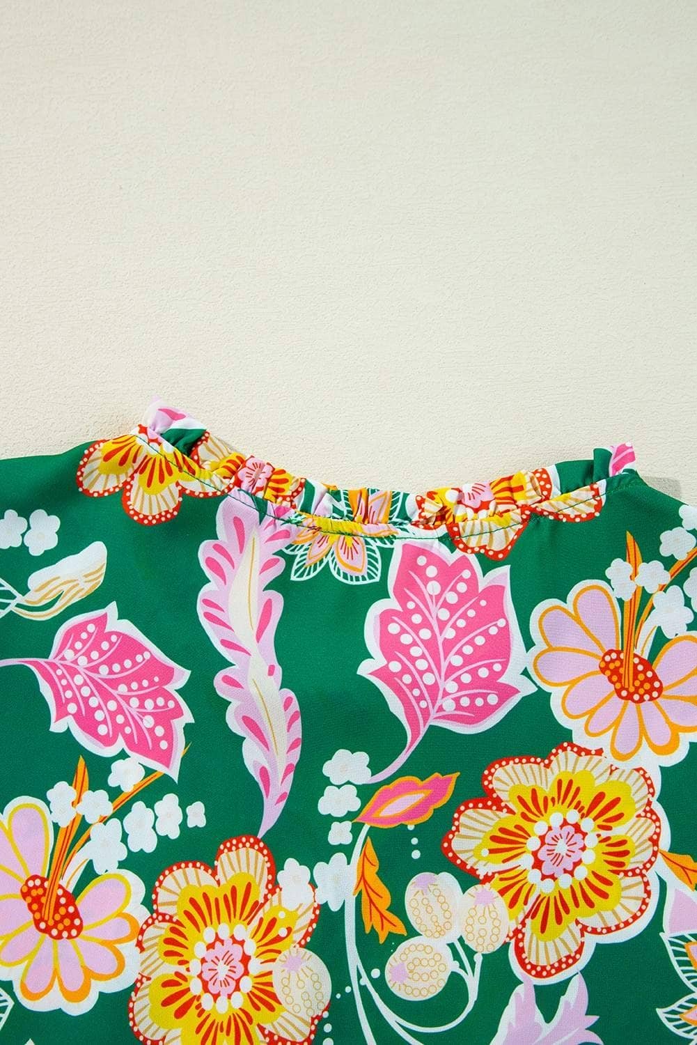 Green Floral Puff Sleeve V Neck Peplum Blouse