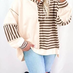 Khaki Stripe Stitched Detail Color Block Patchwork Oversized Pullover Top