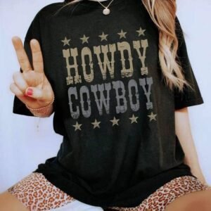 Black Howdy Cowboy Star Print Crew Neck Loose T Shirt