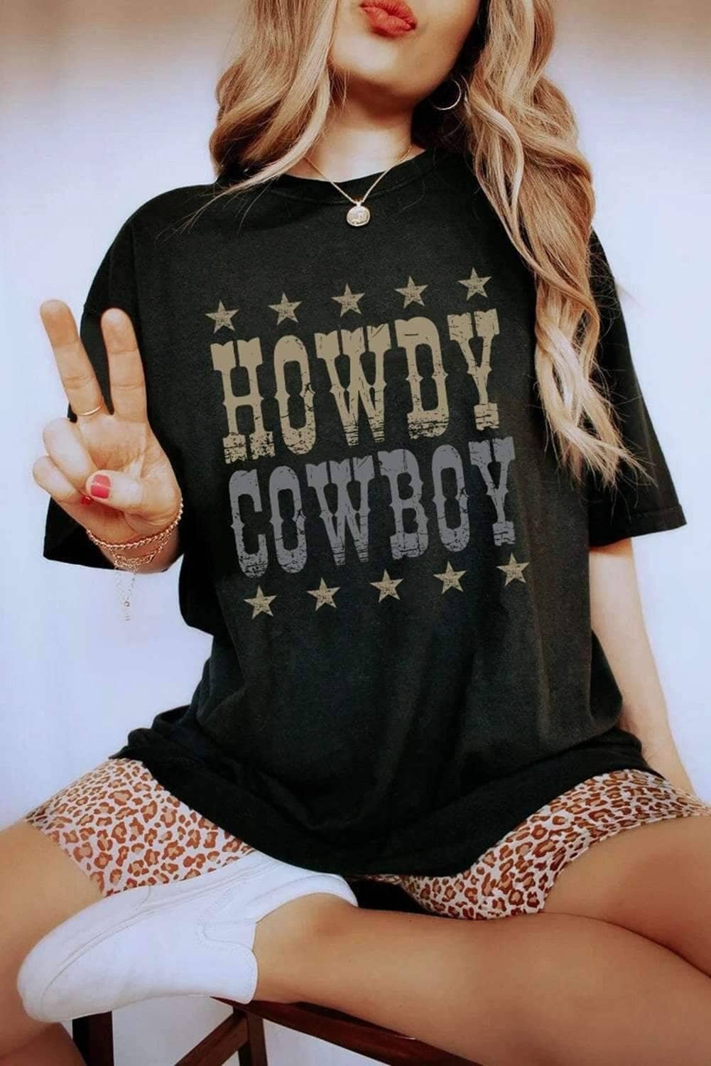 Black Howdy Cowboy Star Print Crew Neck Loose T Shirt