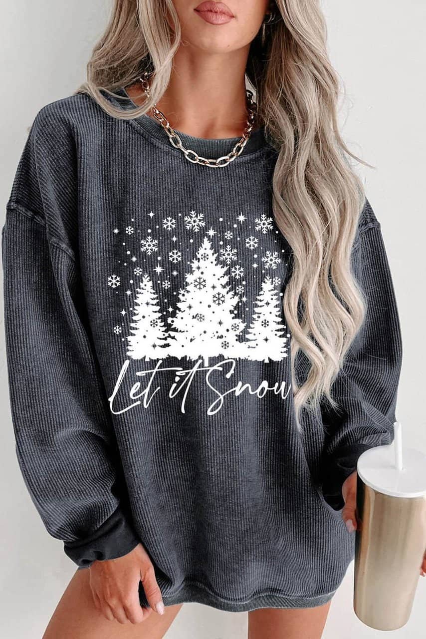 Gray Christmas Tree Flake Graphic Corded Sweatshirt
