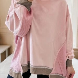 Light Pink Color Block Mix Texture Waffle Patchwork Oversize Sweatshirt