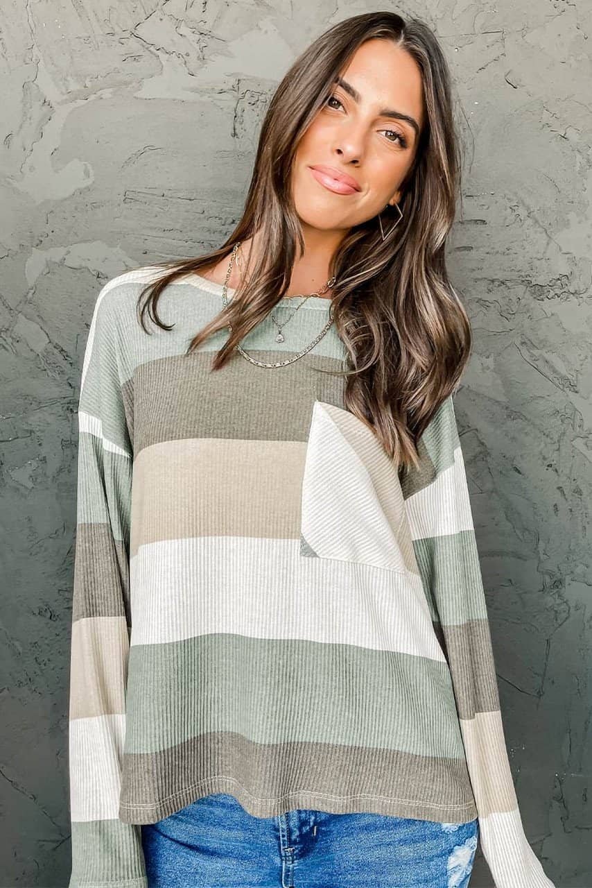 Green Color Block Ribbed Long Sleeve Top With Pocket