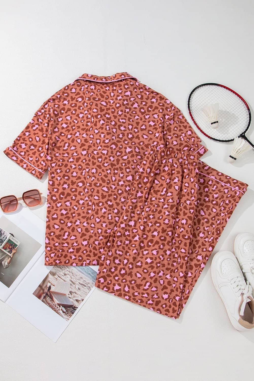 Brown Leopard Print Short Sleeve Shirt And Pants Pajamas Set