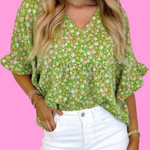Green Floral Print Ruffle Sleeve V Neck Blouse Top