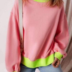 Pink Colorblock Bubble Sleeve Sweatshirt