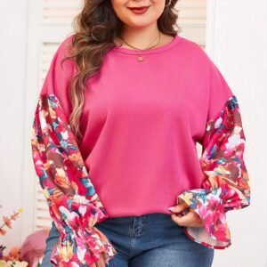Bright Pink Floral Patchwork Flounce Sleeve Rib Knit Plus Top