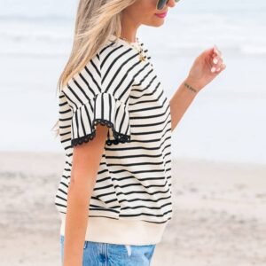 Black Stripe Scallop Lace Trim Ruffle Short Sleeves Crewneck Top