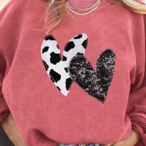 Strawberry Pink Leopard Sequin Heart Graphic Corded Sweatshirt