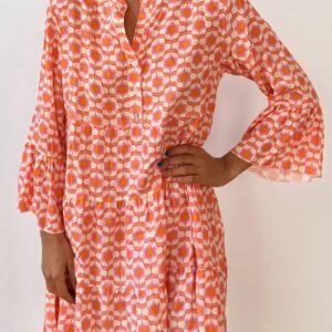 Orange Floral Print Flounce Sleeve Buttoned Front Mini Dress