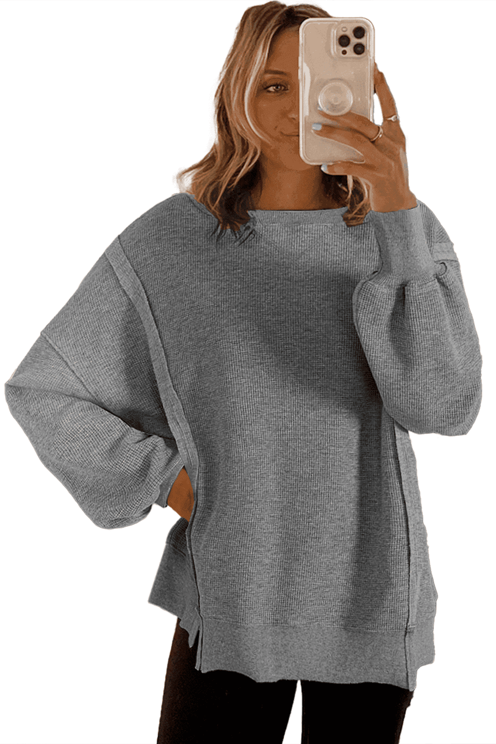 Gray Waffle Knit Bishop Sleeve Split Oversized Top