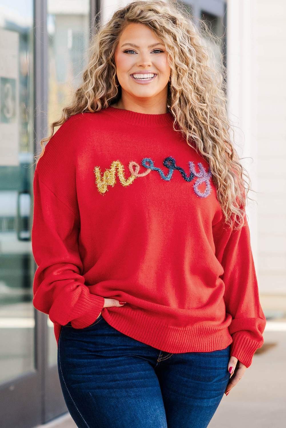 Fiery Red Tinsel Merry Pattern Drop Shoulder Plus Size Sweater