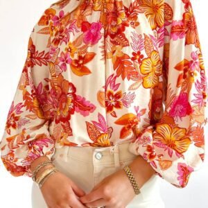 Orange Floral Print Pearl Button Keyhole Long Puff Sleeve Blouse