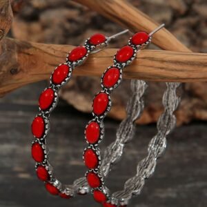 Red Retro Turquoise Circle C-Shaped Earrings