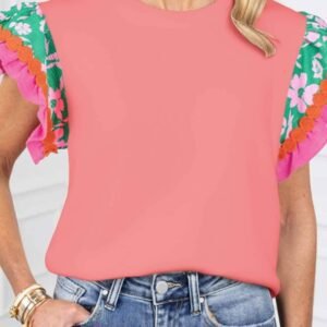 Peach Blossom Contrast Ricrac Floral Sleeve Top