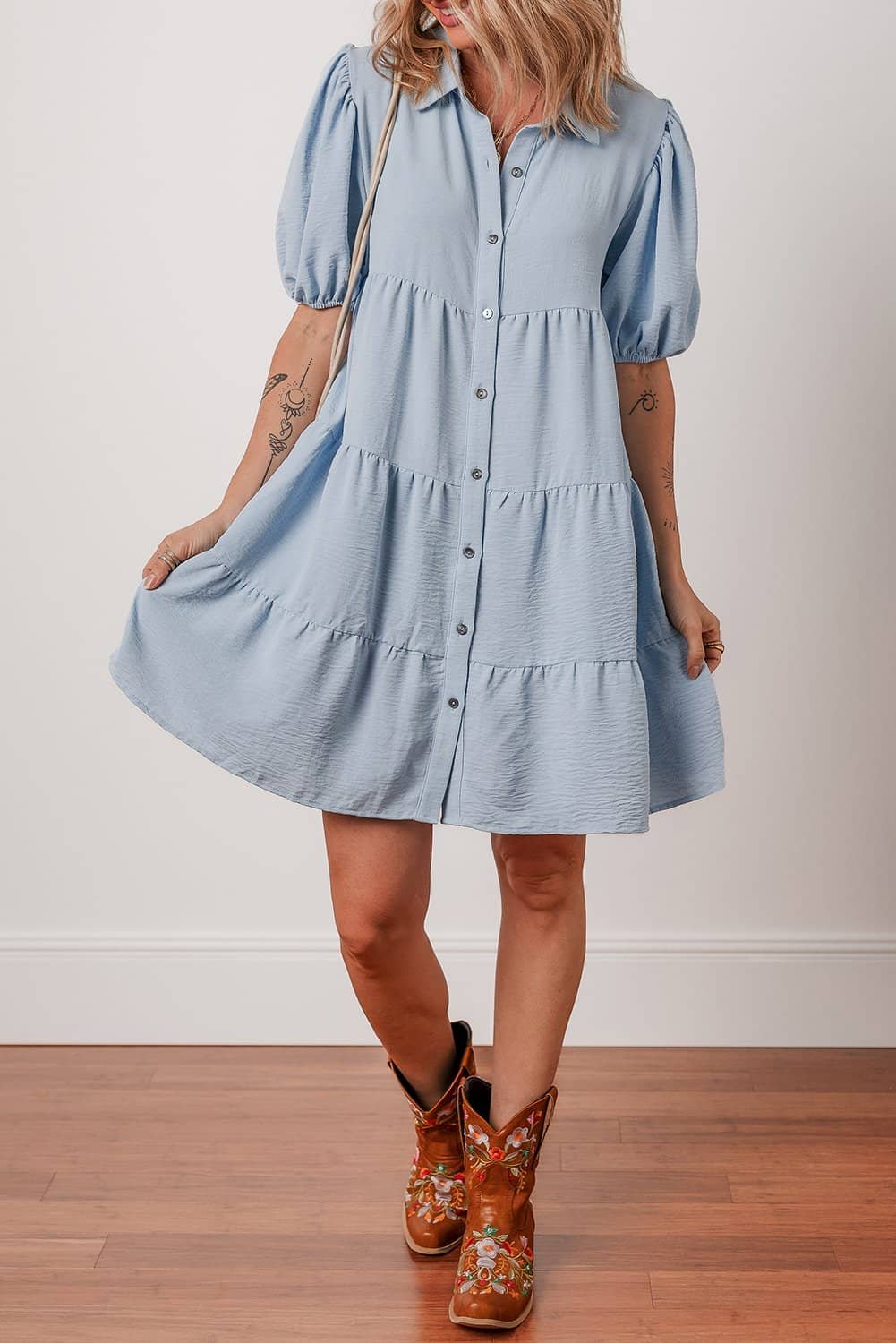 Beau Blue Shirt Collar Button Up Short Puff Sleeve Tiered Shift Dress