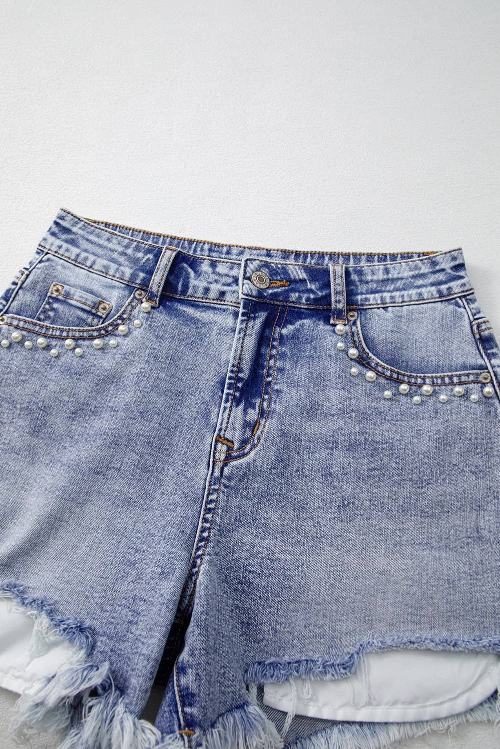 Beau Blue Pearl Studded Pockets Raw Hem Denim Shorts
