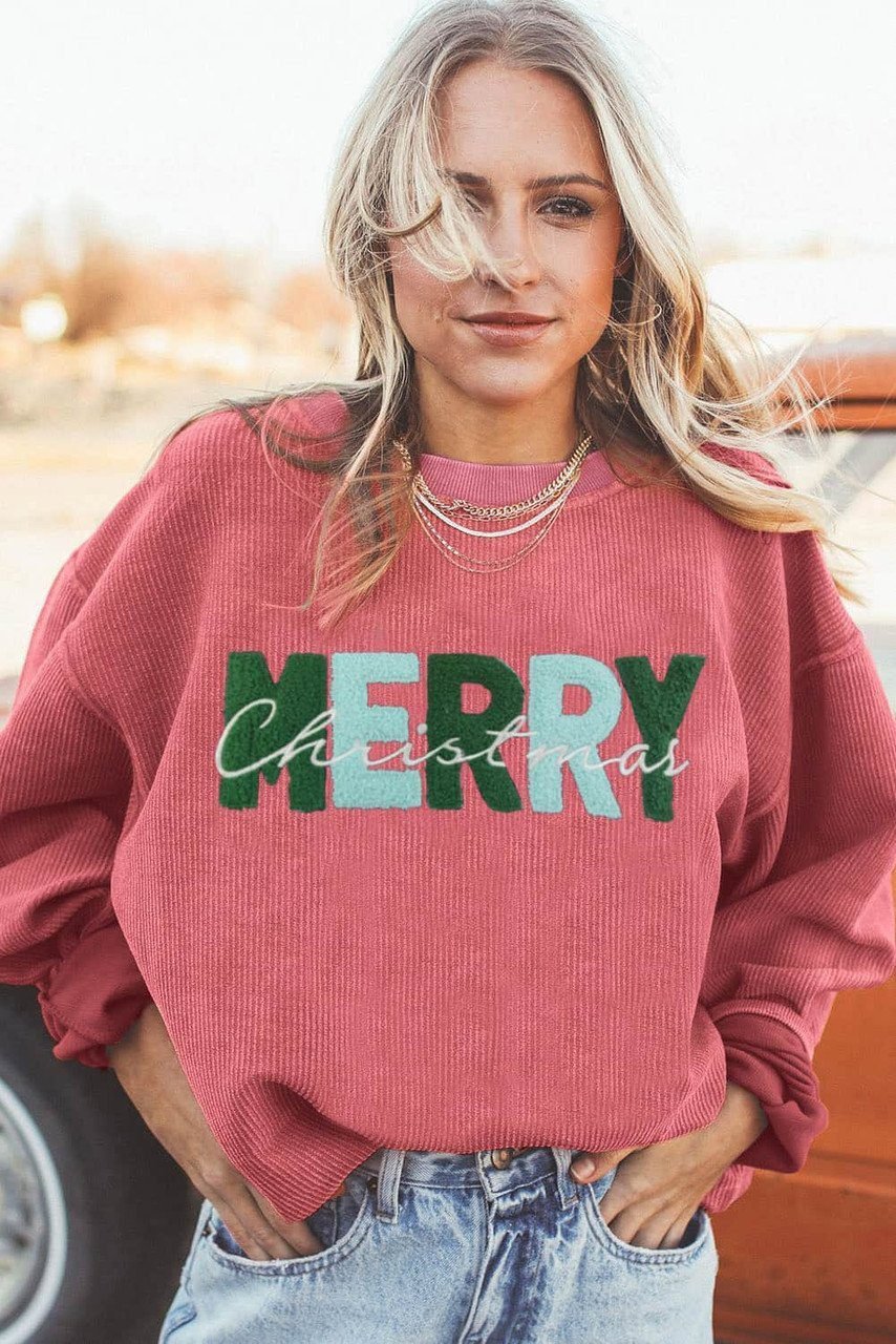 Strawberry Pink Merry Christmas Corded Pullover Sweatshirt