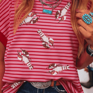 Pink Stripe Sequin Crawfish Crewneck T Shirt