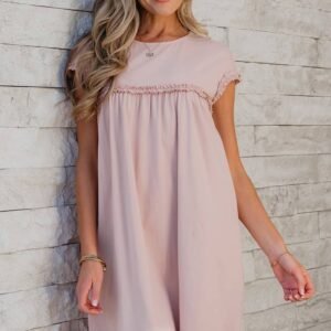 Oatmeal Frilled Trim Crew Neck Loose Fit Mini Dress