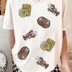 White Sequin Crawfish Potato Lemon Corn Graphic Crewneck T Shirt