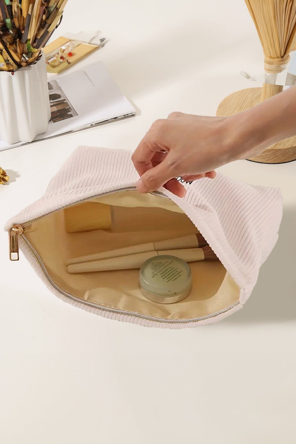 White Easter Rabbit Print Corduroy Makeup Storage Bag