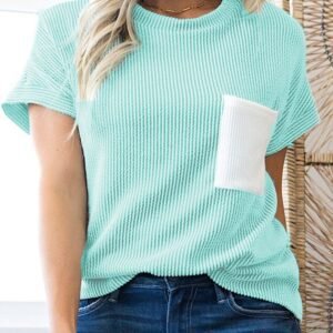 Light Blue Corded Knit Color Block Pocketed Crew Neck T Shirt