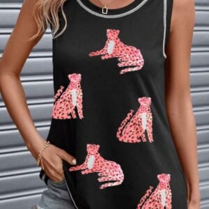 Black Sequin Cheetah Round Neck Stitching Loose Tank Top