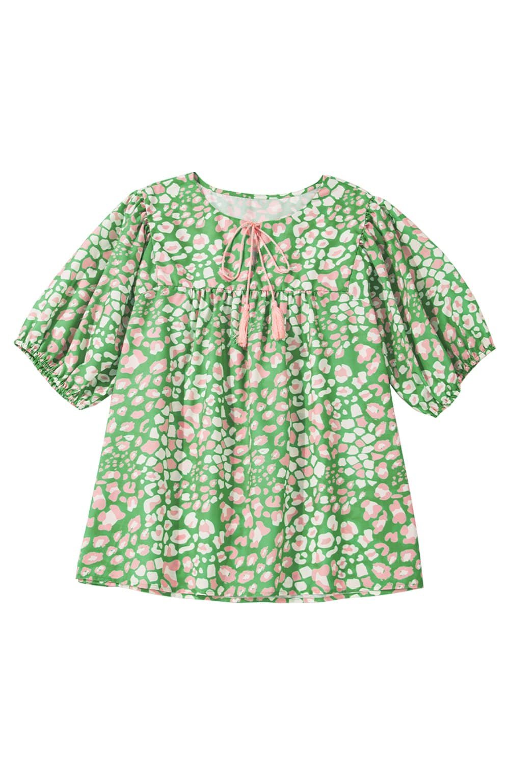 Green Plus Size Floral Tassel Tie Split Neck Puff Sleeve Blouse