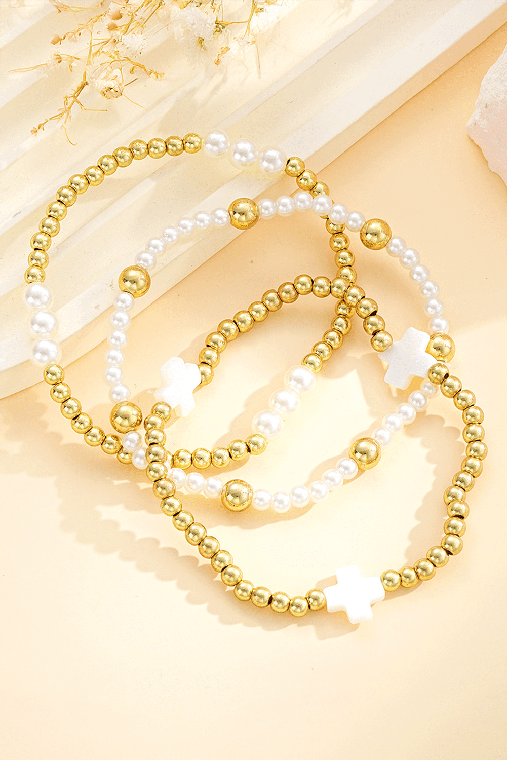 Gold Pearl Plated Alloy Multi Layer Stretch Bracelet