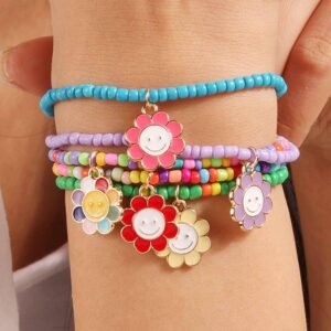 Light Blue 5Pcs Smiley Flower Pendant Beaded Bracelet Set