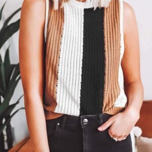 Khaki Stripe Color Block Sleeveless Knitted Sweater Vest