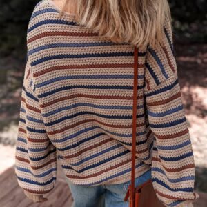 Multicolour Striped Knitted Drop Shoulder Round Neck Sweater