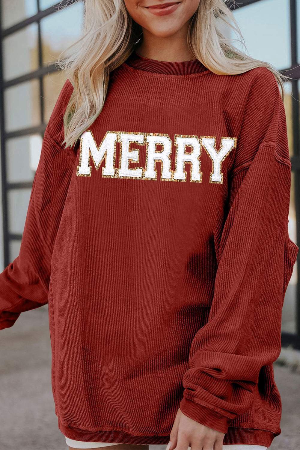 Racing Red Merry Graphic Corded Christmas Sweatshirt