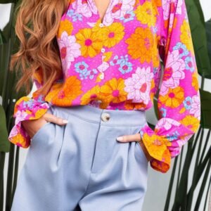 Rose Floral Print Flounce Sleeve Notched Neck Blouse