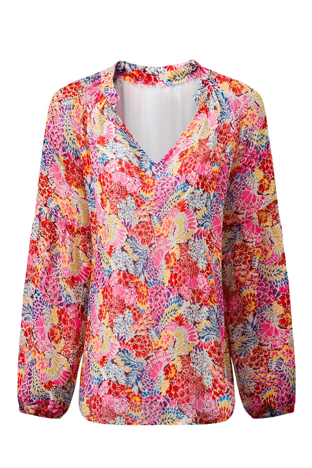 Fiery Red White Floral Print V Neck Long Puff Sleeve Top